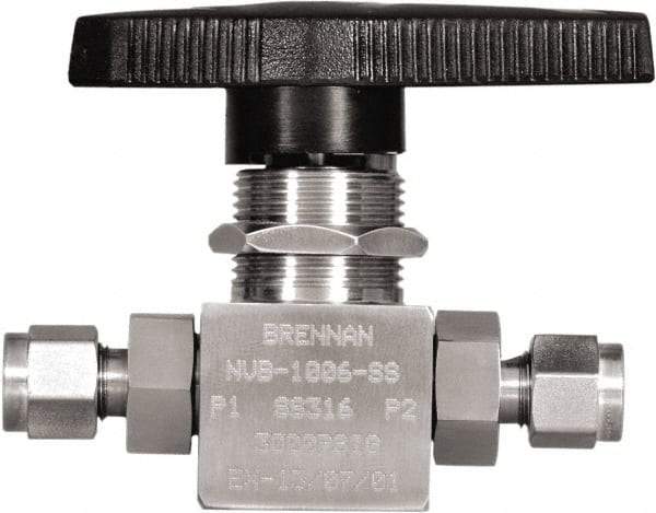 Brennan - 1/4" Pipe, Tube End Connections, Stainless Steel, Inline, Two Way Flow, Instrumentation Ball Valve - 3,000 psi WOG Rating, Nylon Handle, PTFE Seal, PFA Seat, Swaglok SS-43GS4 - Industrial Tool & Supply