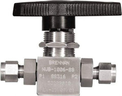 Brennan - 1/4" Pipe, Tube End Connections, Stainless Steel, Inline, Two Way Flow, Instrumentation Ball Valve - 3,000 psi WOG Rating, Nylon Handle, PTFE Seal, PFA Seat, Swaglok SS-43GS4 - Industrial Tool & Supply