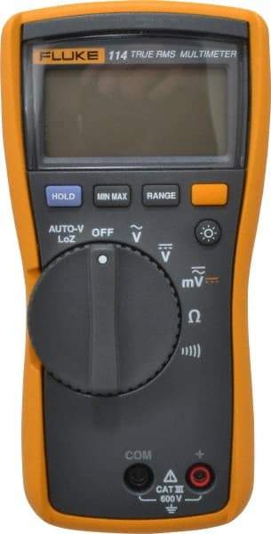 Fluke - 114, CAT III, 600 VAC/VDC, Digital True RMS Auto Ranging Manual Ranging Multimeter - 40 mOhm, Measures Voltage, Capacitance, Current, Resistance - Industrial Tool & Supply
