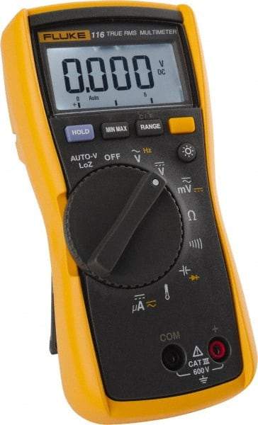 Fluke - 116, CAT III, 600 VAC/VDC, Digital True RMS Auto Ranging Manual Ranging Multimeter - Measures Voltage, Capacitance, Resistance, Temperature - Industrial Tool & Supply