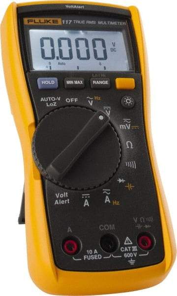Fluke - 117, CAT III, 600 VAC/VDC, Digital True RMS Auto Ranging Manual Ranging Multimeter - 40 mOhm, Measures Voltage, Capacitance, Current, Frequency, Resistance - Industrial Tool & Supply