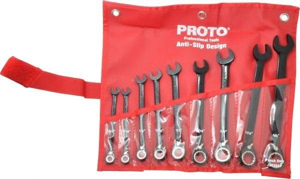 Proto - 9 Piece, 9/32" to 3/4", 12 Point Combination Wrench Set - Inch Measurement Standard, Black/Chrome Finish, Comes in Pouch - Industrial Tool & Supply