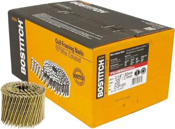 Stanley Bostitch - 11 Gauge 0.12" Shank Diam 3-1/4" Long Framing Nails for Power Nailers - Steel, Yellow Zinc Finish, Smooth Shank, Coil Wire Collation, Round Head, Diamond Point - Industrial Tool & Supply