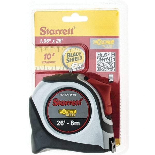 Starrett - 26' x 1-1/16" Yellow Blade Tape Measure - 1/16" & 1mm Graduation, S9 Graduation Style, Gray Case - Industrial Tool & Supply
