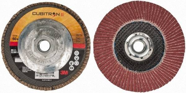 3M - 60 Grit, 4-1/2" Disc Diam, 5/8-11 Center Hole, Type 29 Ceramic Flap Disc - 13,300 Max RPM, Cloth Backing, Arbor Attaching System, Coated - Industrial Tool & Supply