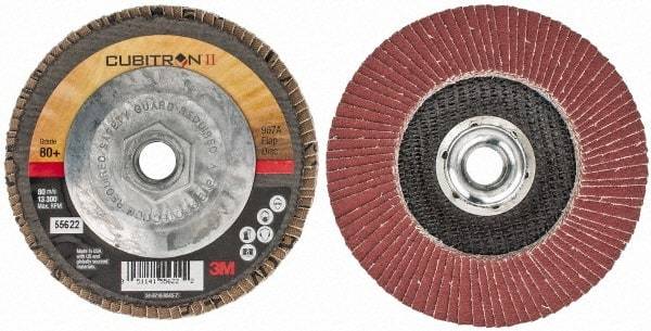 3M - 80 Grit, 4-1/2" Disc Diam, 5/8-11 Center Hole, Type 29 Ceramic Flap Disc - 13,300 Max RPM, Cloth Backing, Arbor Attaching System, Coated - Industrial Tool & Supply