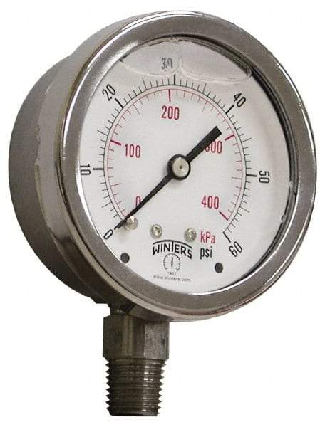 Winters - 2-1/2" Dial, 1/4 Thread, 0-400 Scale Range, Pressure Gauge - Lower Connection Mount, Accurate to 1.5% of Scale - Industrial Tool & Supply