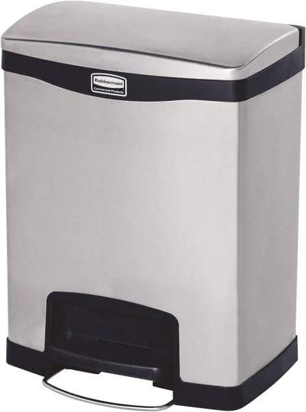 Rubbermaid - 8 Gal Rectangle Unlabeled Trash Can - 21.86" High x 16-7/8" Long, Chrome, Black, Metal - Industrial Tool & Supply