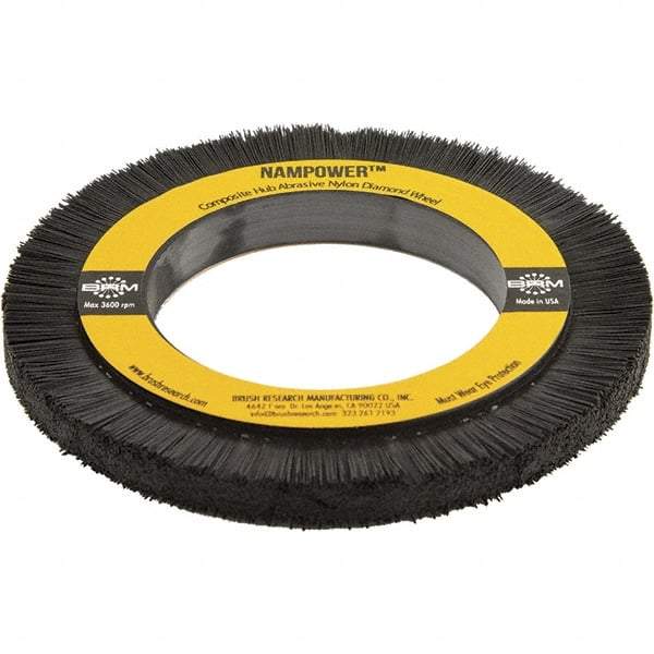 Brush Research Mfg. - 5-29/32" OD, 3-1/4" Arbor Hole, Crimped Abrasive Nylon Wheel Brush - 0.394" Face Width, 3/4" Trim Length, 3,600 RPM - Industrial Tool & Supply