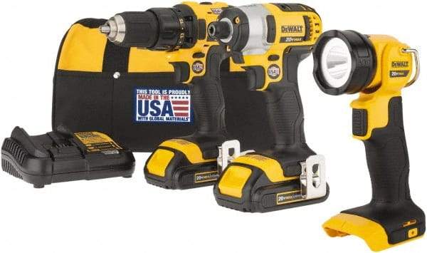 DeWALT - 20 Volt Cordless Tool Combination Kit - Includes 1/2" Drill/Driver, 1/4" Impact Driver & Work Light, Lithium-Ion Battery Included - Industrial Tool & Supply