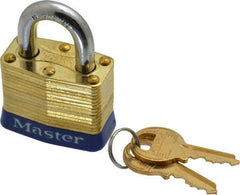 Master Lock - 3/4" Shackle Clearance, Keyed Alike Laminated Brass Padlock - 9/32" Shackle Diam, Brass - Industrial Tool & Supply
