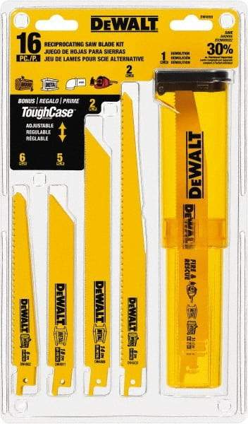 DeWALT - 16 Pieces, 6" to 9" Long x 0.04" Thickness, Bi-Metal Reciprocating Saw Blade Set - Straight Profile, 6 to 18 Teeth, Toothed Edge - Industrial Tool & Supply