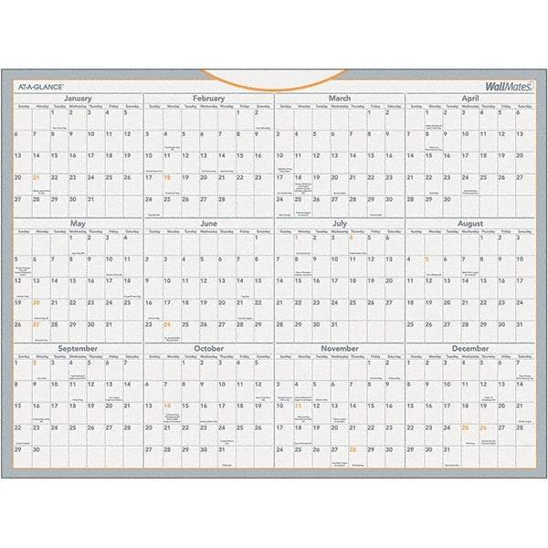 AT-A-GLANCE - 1 Sheet, 24 x 18", Erasable Wall Calendar - Gray, White & Orange - Industrial Tool & Supply