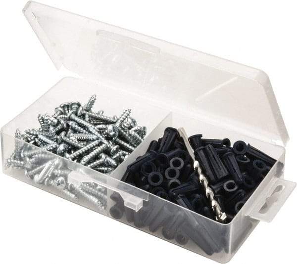 Value Collection - 200 Piece, #10 to 12 Screw, Plastic & Steel Slotted/Phillips Drive Anchor Assortment - Zinc Plated, 1" Long - Industrial Tool & Supply