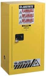 Justrite - 1 Door, 1 Shelf, Yellow Steel Space Saver Safety Cabinet for Flammable and Combustible Liquids - 44" High x 23-1/4" Wide x 18" Deep, Self Closing Door, 15 Gal Capacity - Industrial Tool & Supply