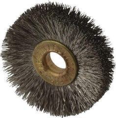 Osborn - 1-1/4" OD, 1/4" Arbor Hole, Crimped Stainless Steel Wheel Brush - 3/16" Face Width, 21/64" Trim Length, 0.005" Filament Diam, 20,000 RPM - Industrial Tool & Supply