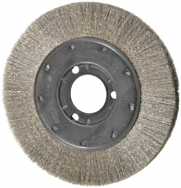 Osborn - 6" OD, 1-1/4" Arbor Hole, Crimped Stainless Steel Wheel Brush - 5/8" Face Width, 1-1/8" Trim Length, 0.005" Filament Diam, 6,000 RPM - Industrial Tool & Supply