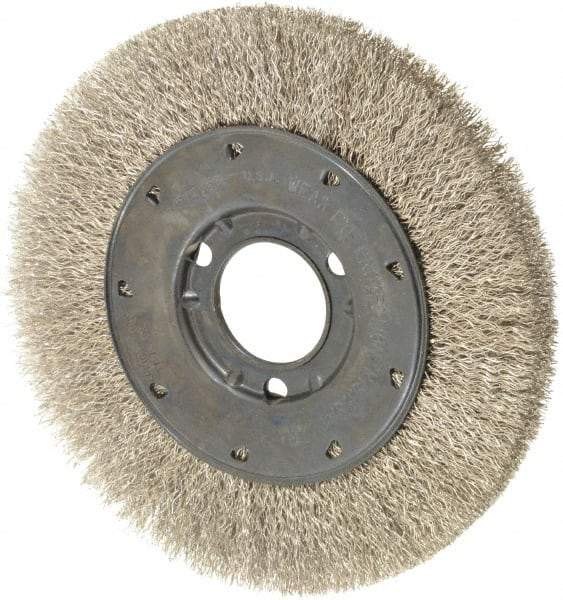 Osborn - 6" OD, 1-1/4" Arbor Hole, Crimped Stainless Steel Wheel Brush - 5/8" Face Width, 1-1/8" Trim Length, 0.0104" Filament Diam, 6,000 RPM - Industrial Tool & Supply