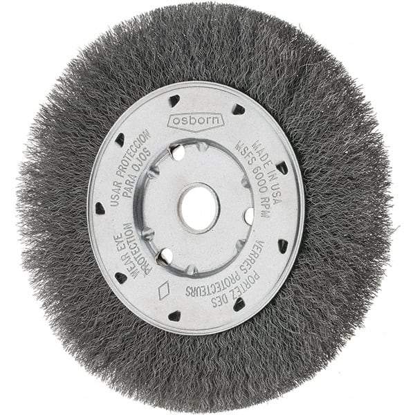Osborn - 6" OD, 5/8" Arbor Hole, Crimped Steel Wheel Brush - 5/8" Face Width, 1-1/8" Trim Length, 0.008" Filament Diam, 6,000 RPM - Industrial Tool & Supply