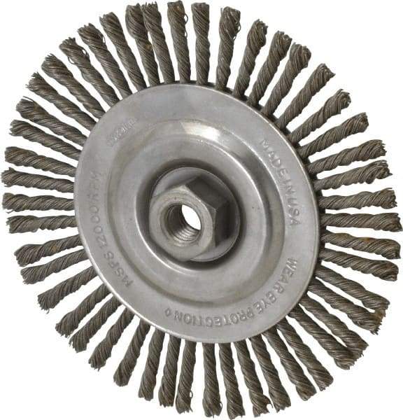 Osborn - 6-1/2" OD, 5/8-11 Arbor Hole, Knotted Steel Wheel Brush - 1/4" Face Width, 1-7/32" Trim Length, 0.02" Filament Diam, 12,000 RPM - Industrial Tool & Supply
