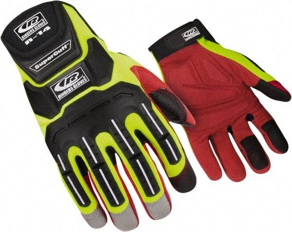 Ringers Gloves - Size M (9), ANSI Cut Lvl 1, Cut & Puncture Resistant Gloves - Hook & Loop Cuff, Hi-Vis Yellow/Red/Black, Paired - Industrial Tool & Supply