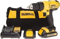 DeWALT - 20 Volt 1/2" Chuck Pistol Grip Handle Cordless Drill - 0-450 & 0-1500 RPM, Single-Sleeve Ratcheting Chuck, Reversible, 2 Lithium-Ion Batteries Included - Industrial Tool & Supply