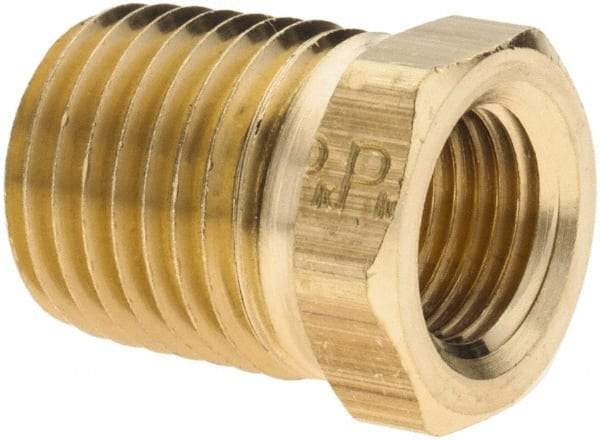 Parker - 1/4 Male Thread x 1/8 Female Thread, Brass Industrial Pipe Hex Bushing - MNPTF x FNPTF, 1,000 psi - Industrial Tool & Supply