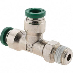 Parker - 1/4" Outside Diam, 1/8 NPTF, Nickel Plated Brass Push-to-Connect Tube Male Swivel Run Tee - 300 Max psi, Tube to Male NPT Connection, Nitrile O-Ring - Industrial Tool & Supply