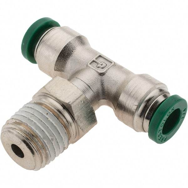 Parker - 1/4" Outside Diam, 1/4 NPTF, Nickel Plated Brass Push-to-Connect Tube Male Swivel Branch Tee - 300 Max psi, Tube to Male NPT Connection, Nitrile O-Ring - Industrial Tool & Supply