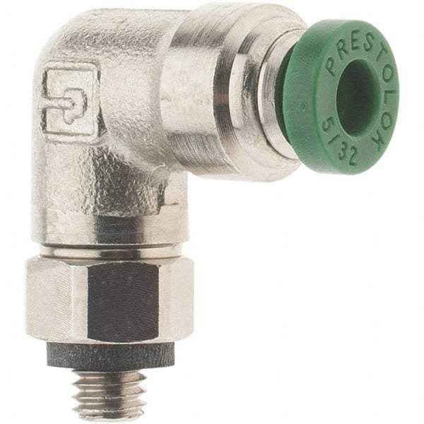 Parker - 5/32" Outside Diam, 10-32 UNF, Nickel Plated Brass Push-to-Connect Tube Male Swivel Elbow - 300 Max psi, Tube to Male UNF Connection, Nitrile O-Ring - Industrial Tool & Supply