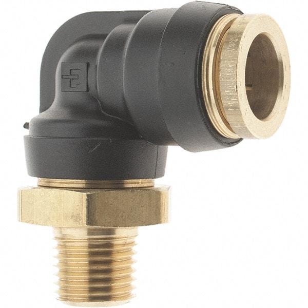 Parker - 1/2" Outside Diam, 1/4 Thread, Brass Push-to-Connect Tube Male Elbow - 250 Max psi, Tube to Male NPT Connection - Industrial Tool & Supply