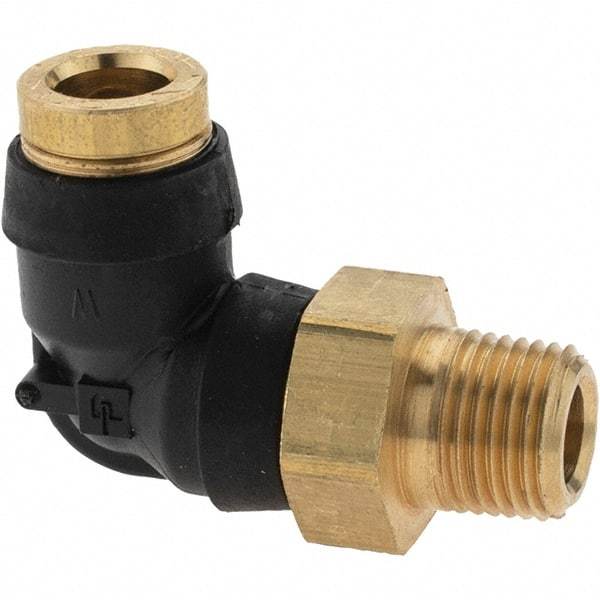 Parker - 1/4" Outside Diam, 1/8 Thread, Brass Push-to-Connect Tube Male Elbow - 250 Max psi, Tube to Male NPT Connection - Industrial Tool & Supply