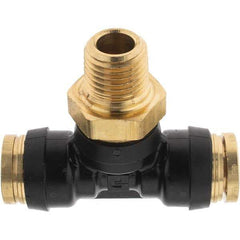 Parker - 3/8" Outside Diam, 1/4 Thread, Brass Push-to-Connect Tube Male Branch Tee - 250 Max psi, Tube to Male NPT Connection - Industrial Tool & Supply