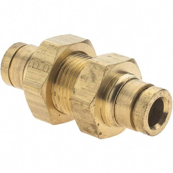 Parker - 1/4" Outside Diam, Brass Push-to-Connect Tube Bulkhead Union - Nitrile O-Ring - Industrial Tool & Supply