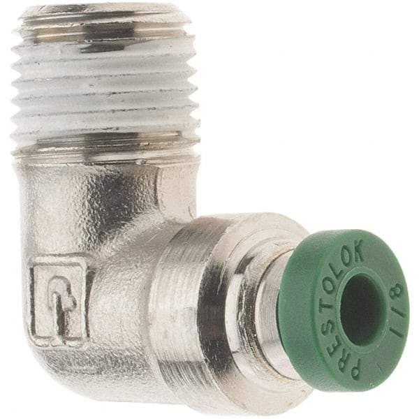 Parker - 1/8" Outside Diam, 1/8 NPTF, Nickel Plated Brass Push-to-Connect Tube Male Elbow - 300 Max psi, Tube to Male NPT Connection, Nitrile O-Ring - Industrial Tool & Supply