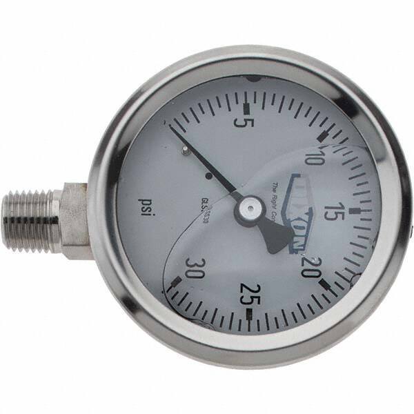 Value Collection - 2-1/2" Dial, 1/4 Thread, 0-30 Scale Range, Pressure Gauge - Lower Connection Mount, Accurate to 2-1-2% of Scale - Industrial Tool & Supply