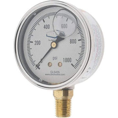 Value Collection - 2-1/2" Dial, 1/4 Thread, 0-1,000 Scale Range, Pressure Gauge - Lower Connection Mount, Accurate to 2-1-2% of Scale - Industrial Tool & Supply