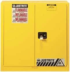 Justrite - 2 Door, 3 Shelf, Yellow Steel Standard Safety Cabinet for Flammable and Combustible Liquids - 44" High x 43" Wide x 18" Deep, Manual Closing Door, 3 Point Key Lock, 40 Gal Capacity - Industrial Tool & Supply