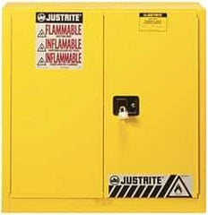 Justrite - 2 Door, 3 Shelf, Yellow Steel Standard Safety Cabinet for Flammable and Combustible Liquids - 44" High x 43" Wide x 18" Deep, Manual Closing Door, 3 Point Key Lock, 40 Gal Capacity - Industrial Tool & Supply