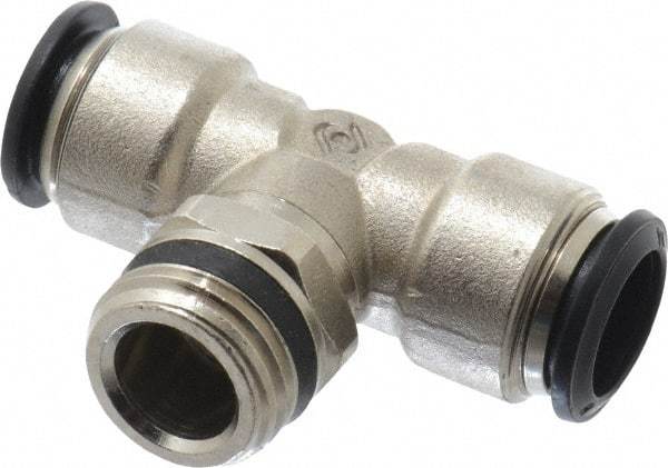 Alpha Technologies - 14mm Outside Diam, 1/2 Universal, Nickel Plated Brass Push-to-Connect Tube Male Swivel Branch Tee - 250 Max psi, Tube to Universal Thread Connection, Buna O-Ring - Industrial Tool & Supply