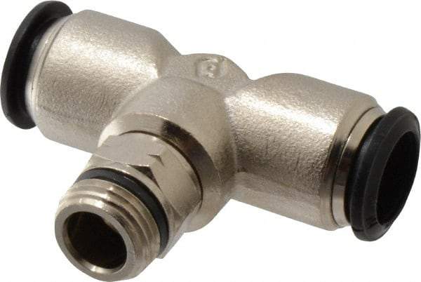 Alpha Technologies - 14mm Outside Diam, 3/8 Universal, Nickel Plated Brass Push-to-Connect Tube Male Swivel Branch Tee - 250 Max psi, Tube to Universal Thread Connection, Buna O-Ring - Industrial Tool & Supply
