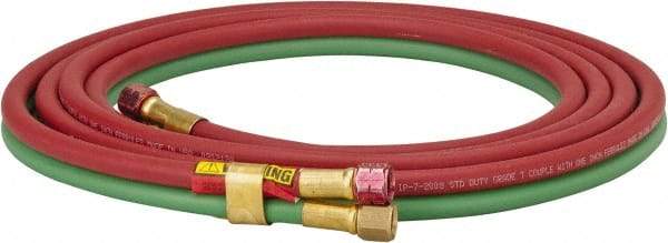 Parker - 1/4" Inside x 17/32" Outside Diam, Grade T Welding Hose - Green & Red, 12-1/2' Long, Twin Style, 200 psi Working Pressure - Industrial Tool & Supply