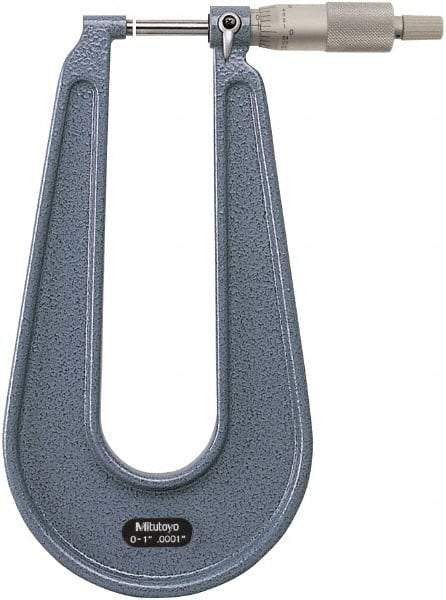 Mitutoyo - 0 to 1" Range, 0.0001" Graduation, Mechanical Outside Micrometer - Ratchet Stop Thimble, 6.3" Throat Depth, Accurate to 0.0002" - Industrial Tool & Supply