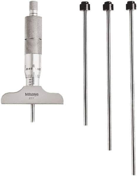 Mitutoyo - 0 to 4" Range, 4 Rod, Mechanical Depth Micrometer - Ratchet Stop Thimble, 2-1/2" Base Length, 0.01mm Graduation, 4.5mm Rod Diam - Industrial Tool & Supply