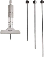 Mitutoyo - 0 to 4" Range, 4 Rod, Mechanical Depth Micrometer - Ratchet Stop Thimble, 2-1/2" Base Length, 0.01mm Graduation, 4.5mm Rod Diam - Industrial Tool & Supply