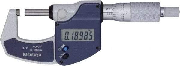 Mitutoyo - 0 to 1" Range, 0" Resolution, Standard Throat, Electronic Outside Micrometer - 0.0001" Accuracy, Ratchet Stop Thimble, Rotating Spindle, SR44 Battery, Includes NIST Traceability Certification - Industrial Tool & Supply