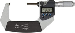 Mitutoyo - 2 to 3 Inch Range, 0 Inch Resolution, Standard Throat, IP65 Electronic Outside Micrometer - 0.0001 Inch Accuracy, Ratchet Friction Thimble, Rotating Spindle, SR44 Battery, Includes NIST Traceability Certification - Industrial Tool & Supply