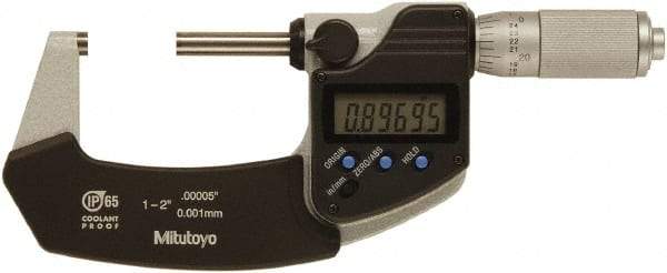 Mitutoyo - 1 to 2 Inch Range, 0 Inch Resolution, Standard Throat, IP65 Electronic Outside Micrometer - 0.0001 Inch Accuracy, Ratchet Friction Thimble, Rotating Spindle, SR44 Battery, Includes NIST Traceability Certification - Industrial Tool & Supply