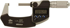 Mitutoyo - 1 to 2 Inch Range, 0 Inch Resolution, Standard Throat, IP65 Electronic Outside Micrometer - 0.0001 Inch Accuracy, Ratchet Friction Thimble, Rotating Spindle, SR44 Battery, Includes NIST Traceability Certification - Industrial Tool & Supply