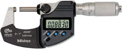 Mitutoyo - 0 to 1 Inch Range, 0 Inch Resolution, Standard Throat, IP65 Electronic Outside Micrometer - 0.0001 Inch Accuracy, Ratchet Friction Thimble, Rotating Spindle, SR44 Battery, Includes NIST Traceability Certification - Industrial Tool & Supply